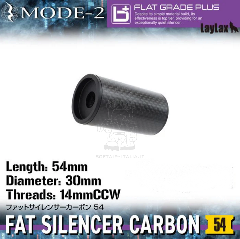 Laylax Carbon Fiber Fat Mode 2 Silencer Silenziatore 54 x 30mm. Thread 14mm CCW by Laylax