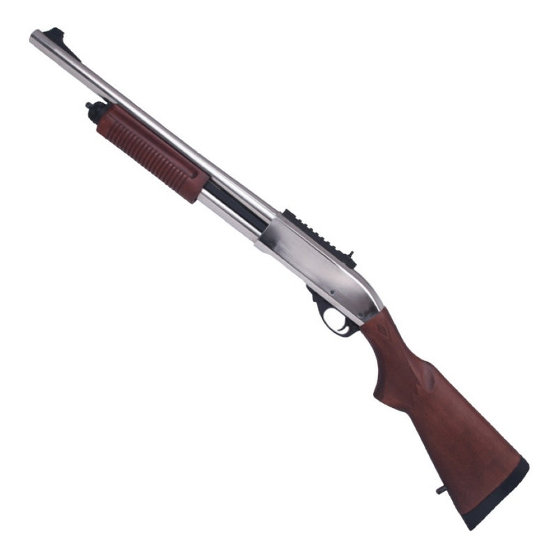 M870 Shotgun Full Wood & Metal Silver-Chrome Version 3>6bb Shot GAS Power by Golden Eagle