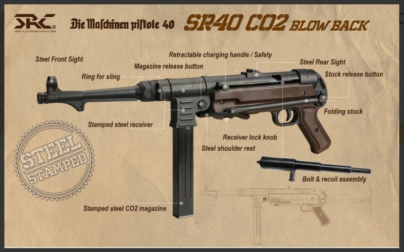 SRC MP40 - SR40 "Schmeisser" Maschinenpistole Co2 GBB Gas Blow Back by SRC